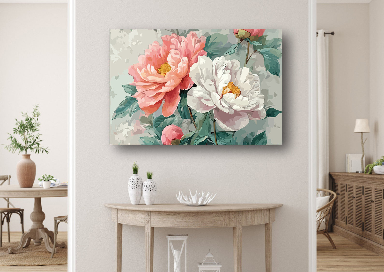Pictura pe Numere Bujori Alb si Roz 6519