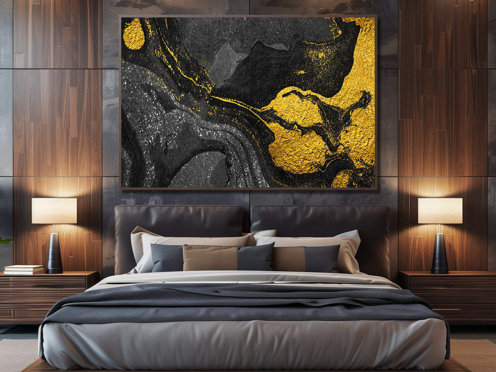 Peinture sur toile - Abstrait doré et noir