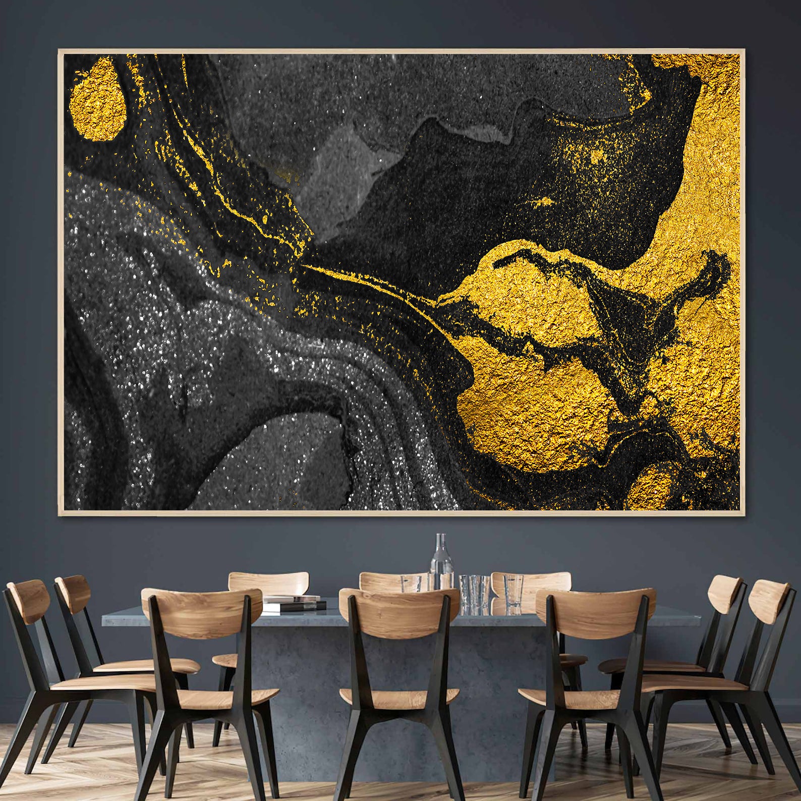 Peinture sur toile - Abstrait doré et noir