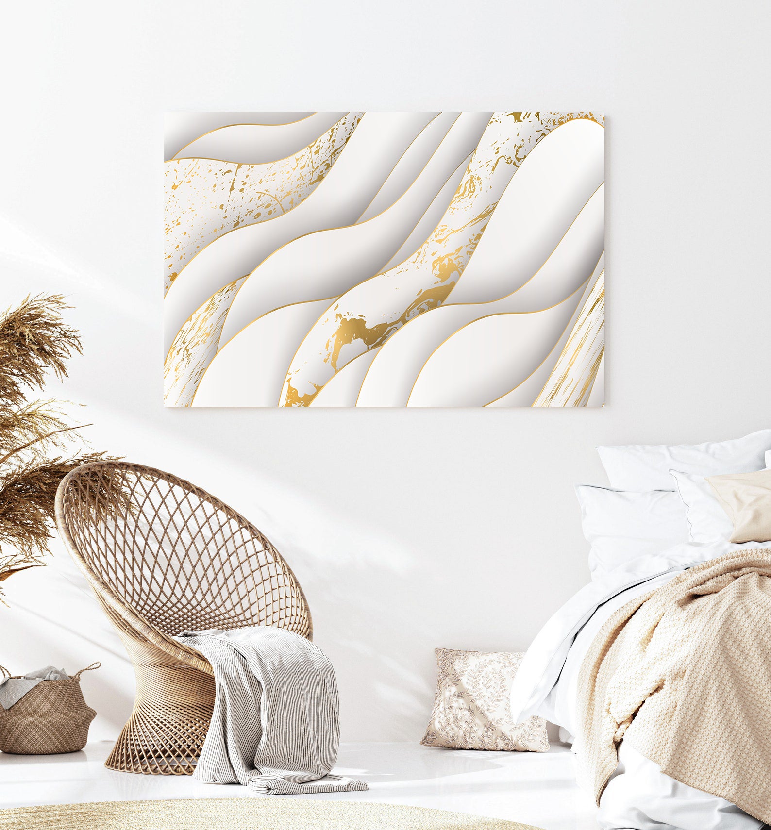Peinture sur toile - Abstrait blanc et or