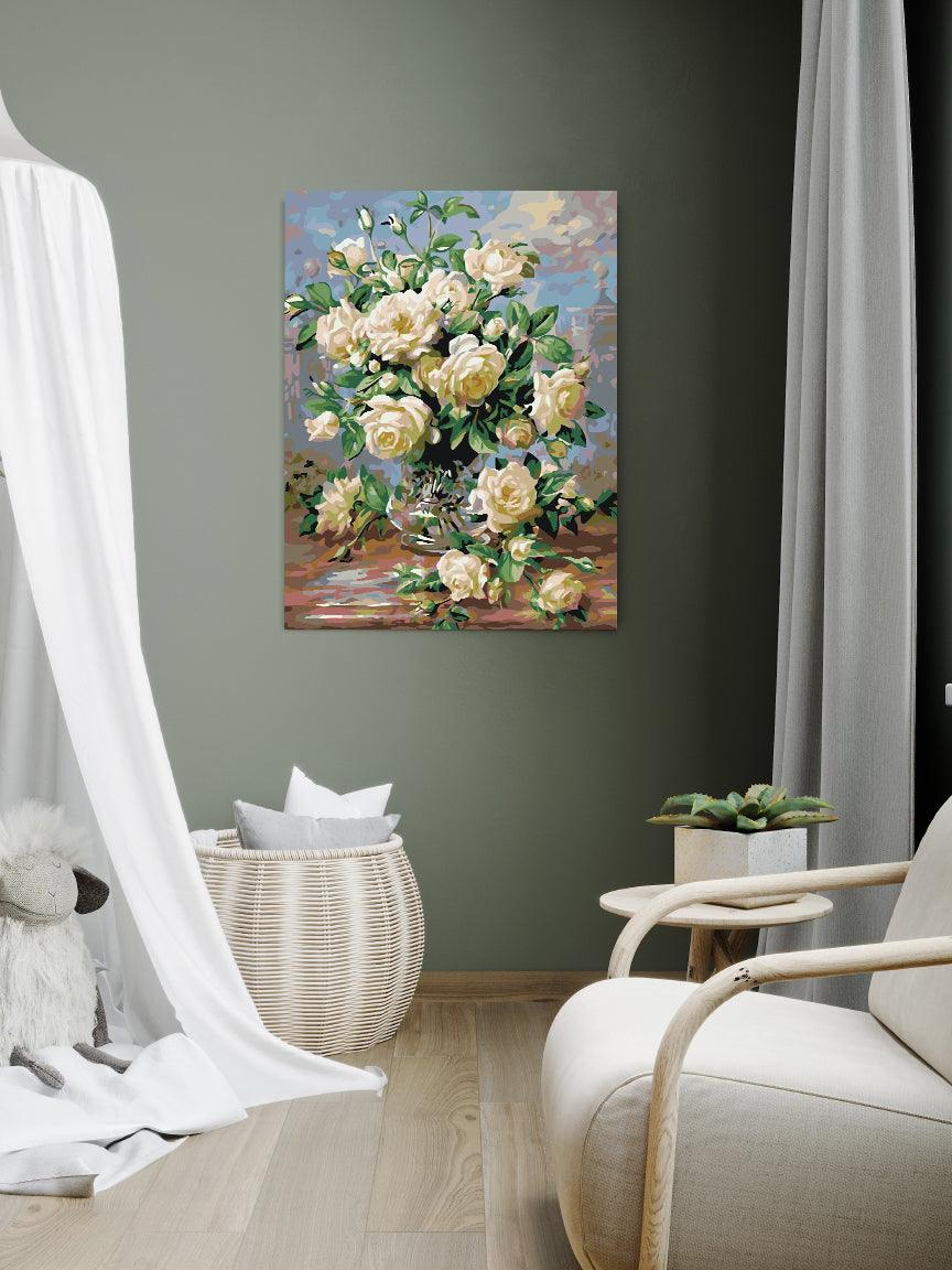 a painting of white roses in a vase