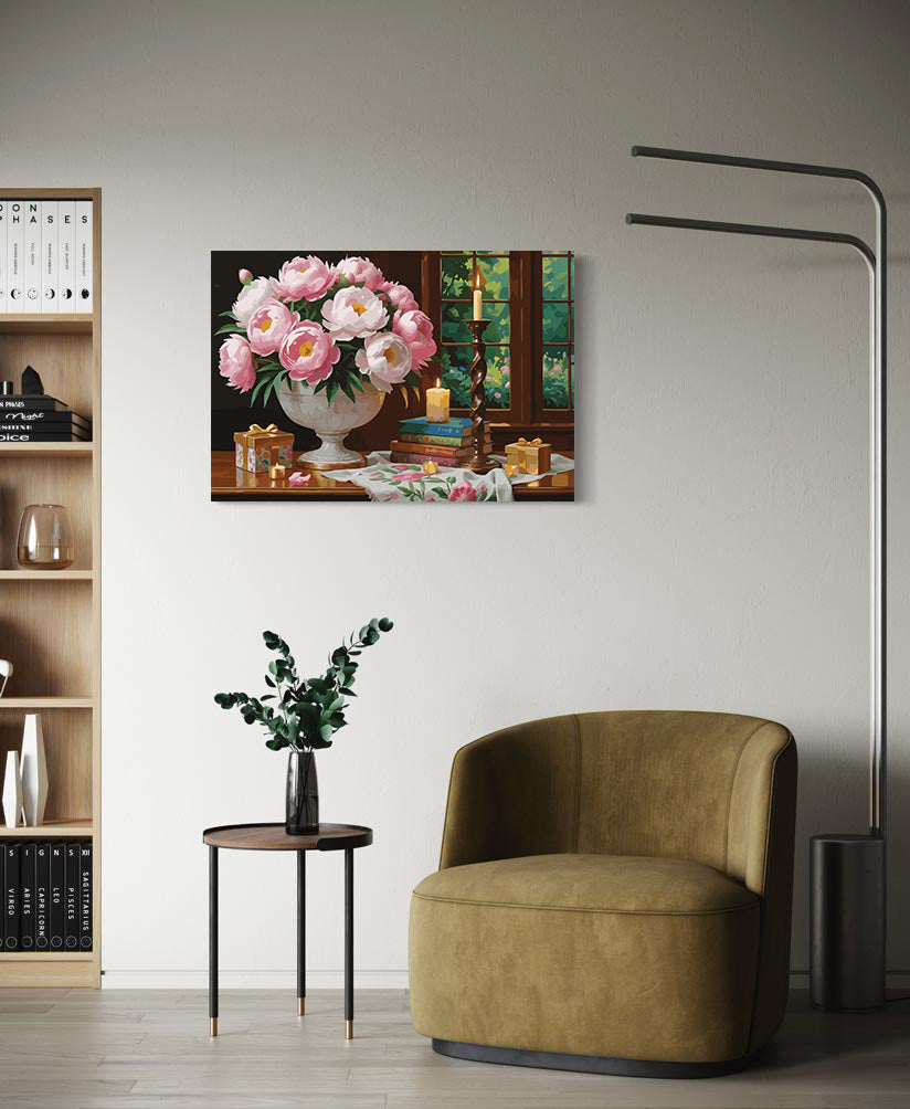 Pictura pe Numere – Bujori in lumina luminarilor 7237