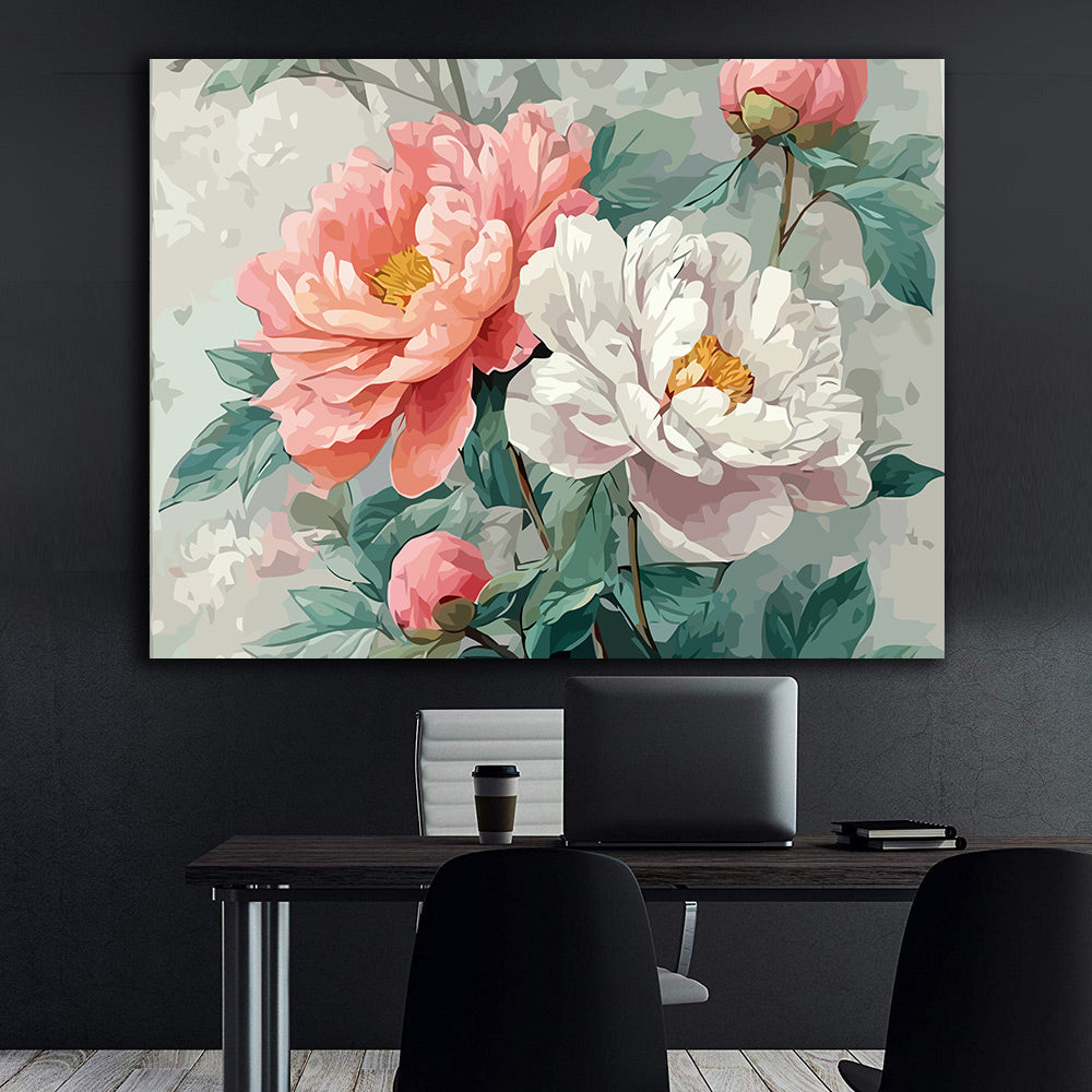 Pictura pe Numere Bujori Alb si Roz 6519