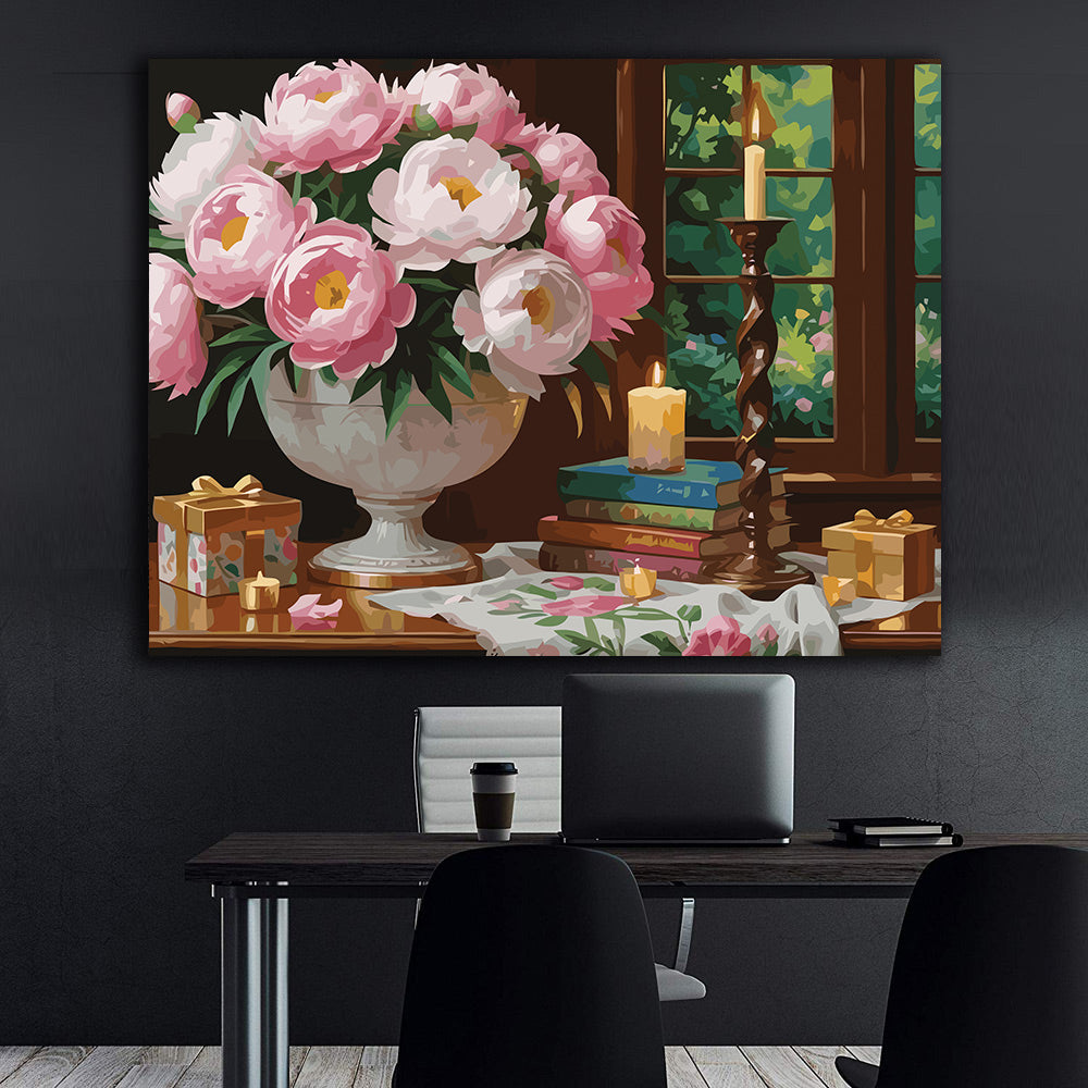 Pictura pe Numere – Bujori in lumina luminarilor 7237